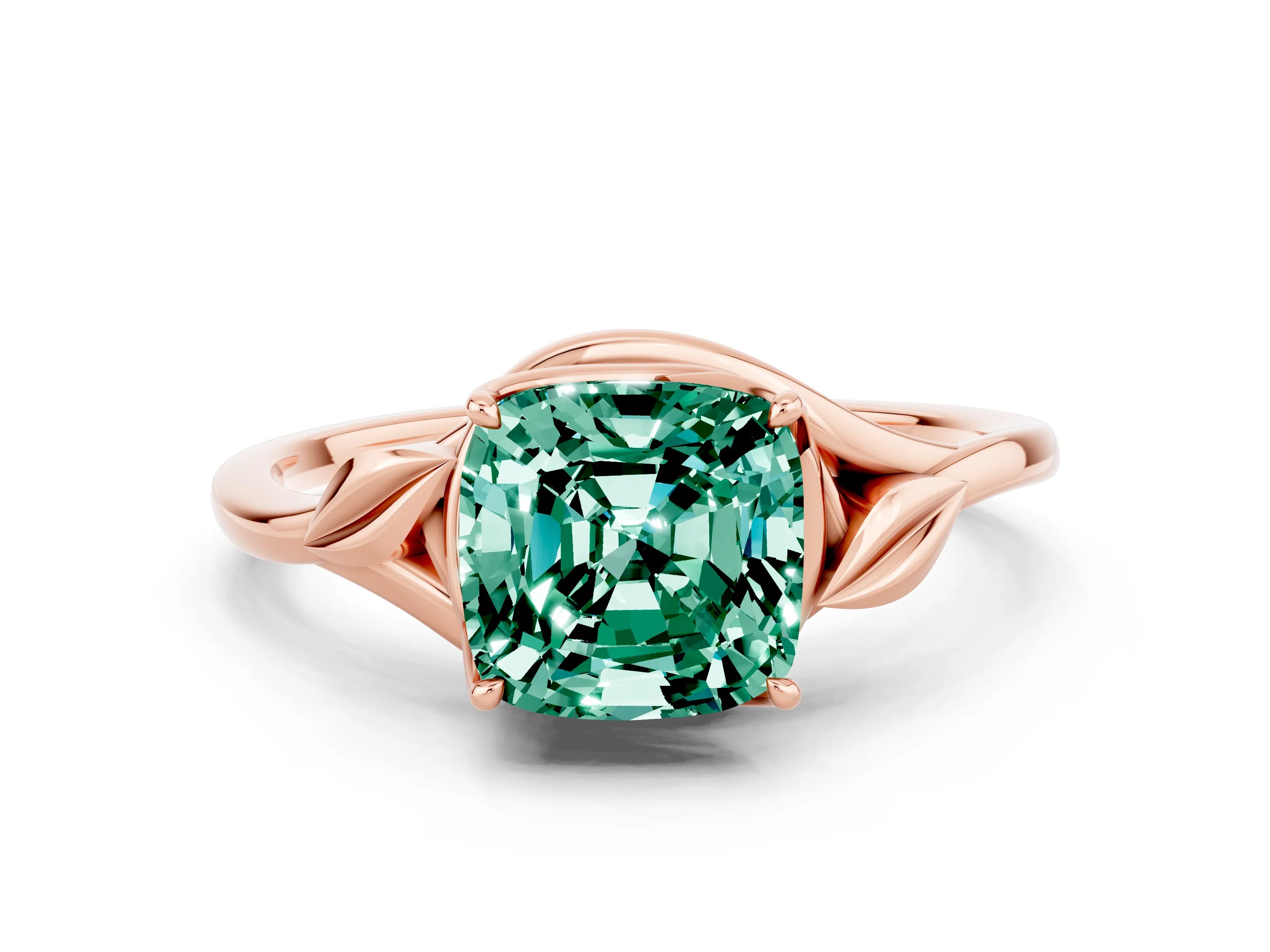 Rose gold Cushion Cut Green Sapphire Solitaire Ring with Twist Band and Four-Prong Setting_24