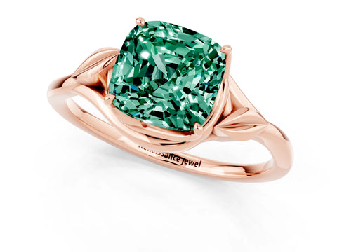 Rose gold Cushion Cut Green Sapphire Solitaire Ring with Twist Band and Four-Prong Setting_25