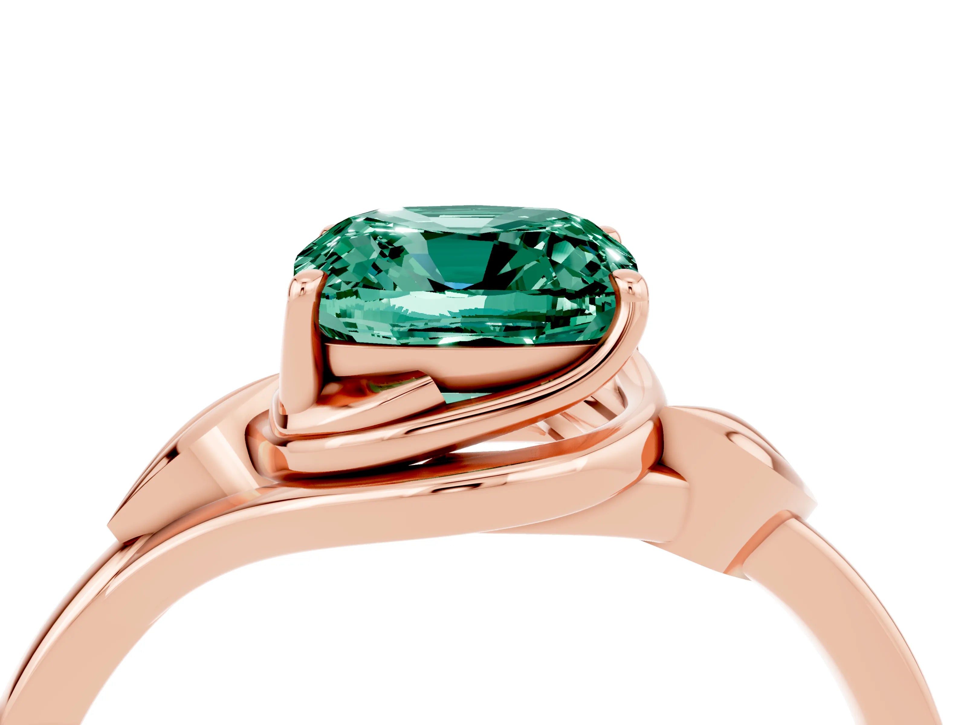 Rose gold Cushion Cut Green Sapphire Solitaire Ring with Twist Band and Four-Prong Setting_28