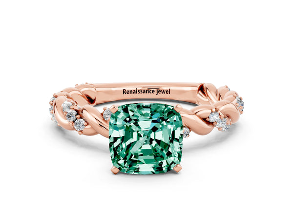 Rose gold Cushion Cut Green Sapphire Solitaire Ring with Twisted Band and Pavé Accents