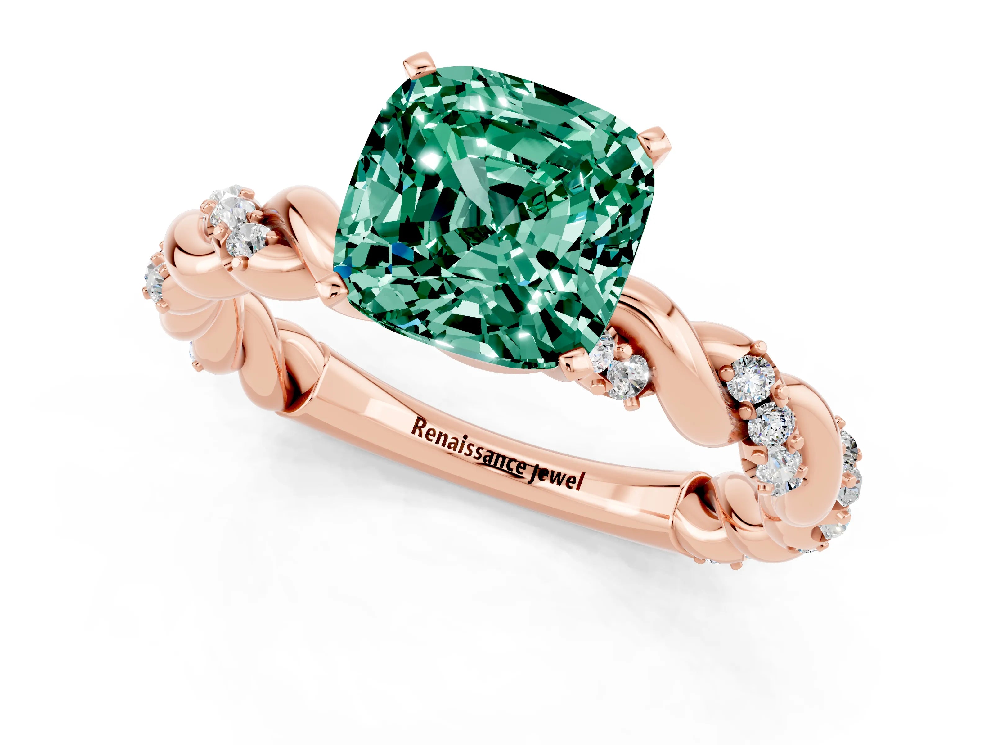 Rose gold Cushion Cut Green Sapphire Solitaire Ring with Twisted Band and Pavé Accents_1