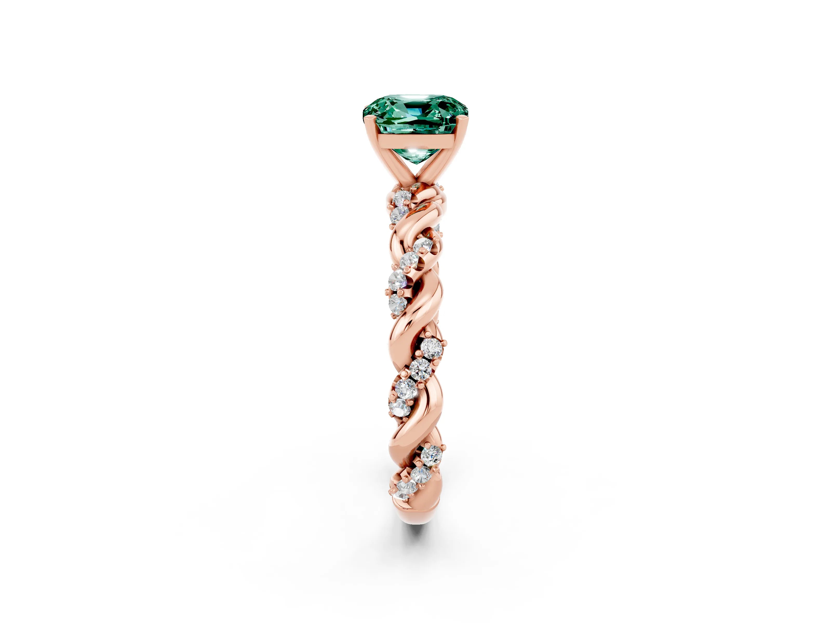 Rose gold Cushion Cut Green Sapphire Solitaire Ring with Twisted Band and Pavé Accents_2