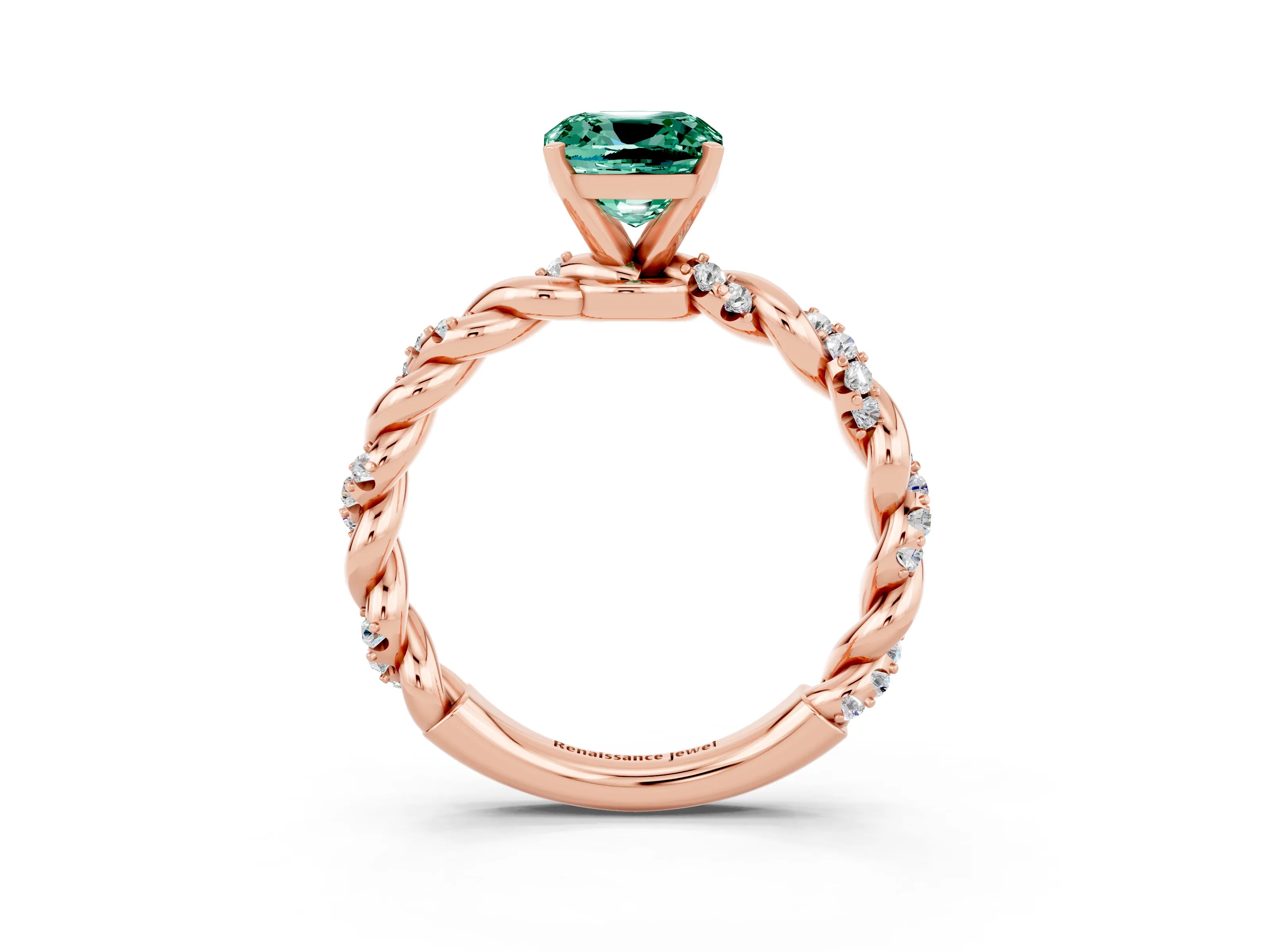 Rose gold Cushion Cut Green Sapphire Solitaire Ring with Twisted Band and Pavé Accents_3