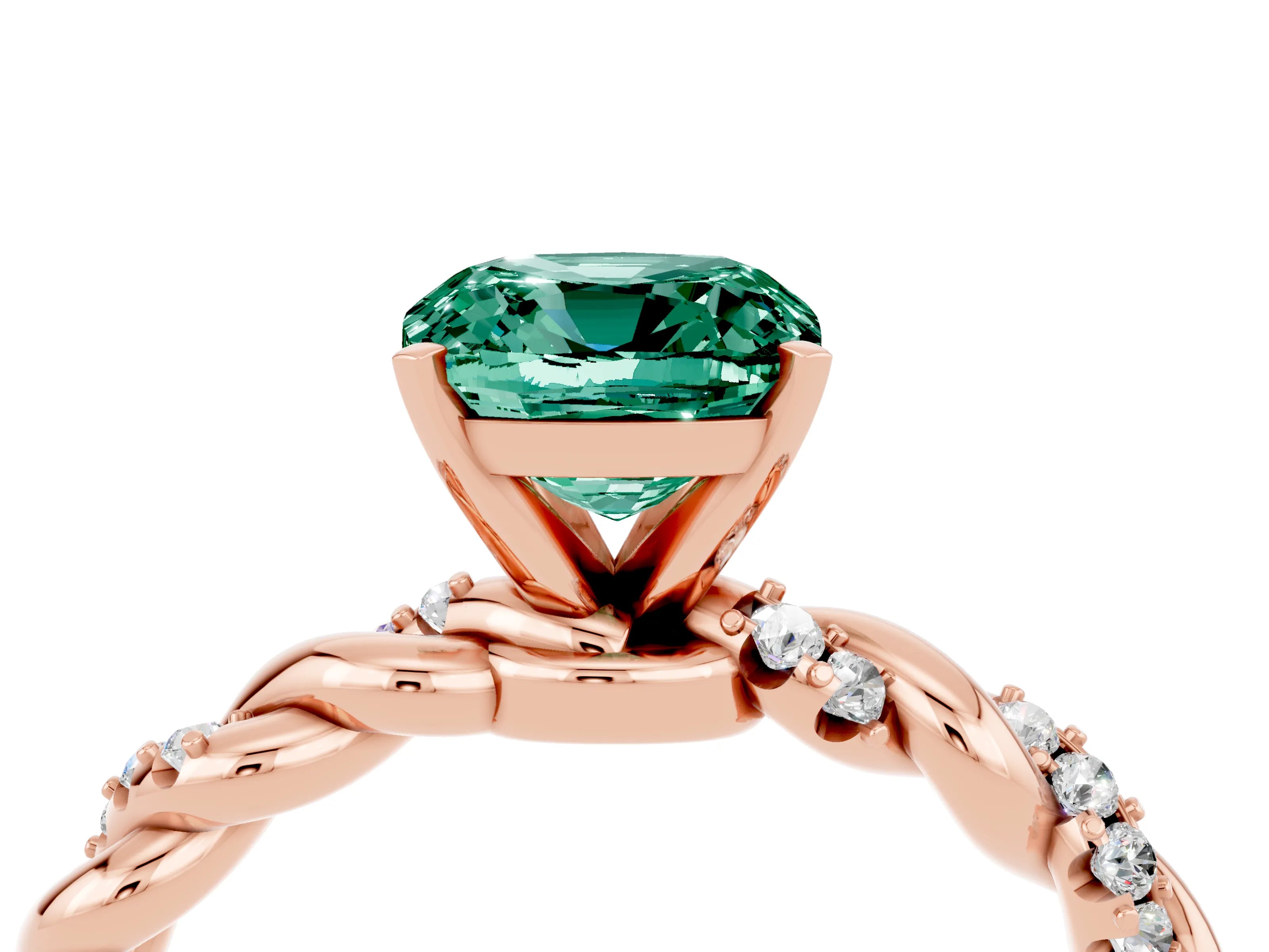 Rose gold Cushion Cut Green Sapphire Solitaire Ring with Twisted Band and Pavé Accents_4