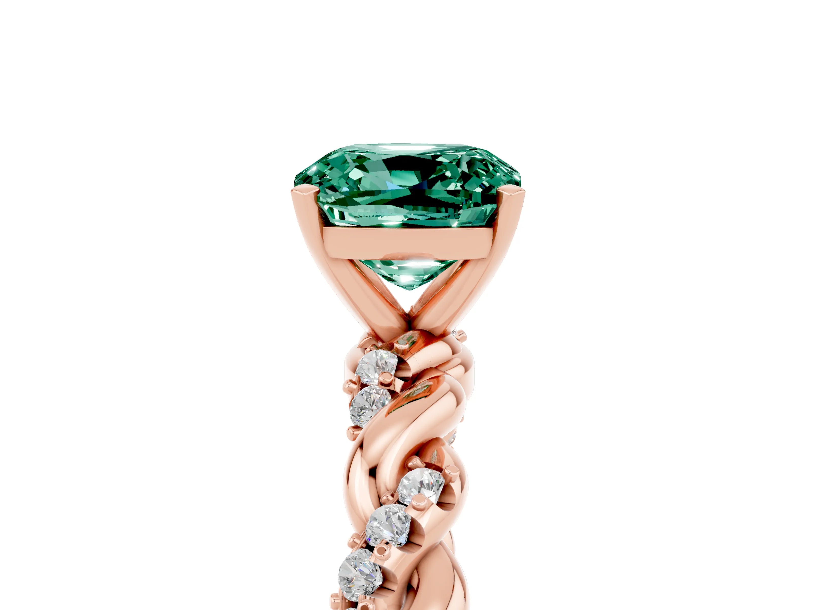 Rose gold Cushion Cut Green Sapphire Solitaire Ring with Twisted Band and Pavé Accents_5