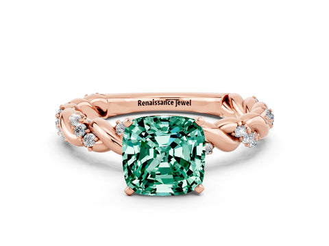 Rose gold Cushion Cut Green Sapphire Solitaire Ring with Twisted Band and Pavé Accents