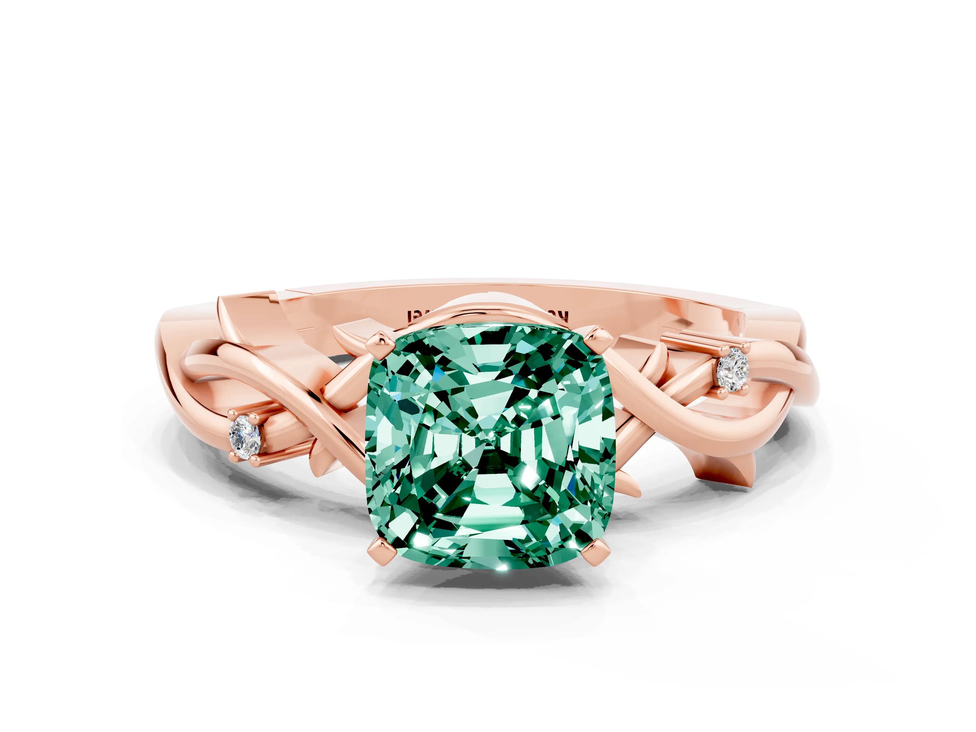Rose gold Cushion Cut Green Sapphire Solitaire Ring with Twisted Band and Prong Setting