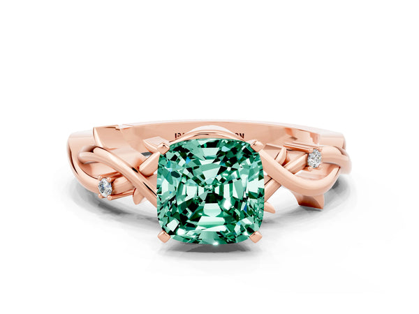Rose gold Cushion Cut Green Sapphire Solitaire Ring with Twisted Band and Prong Setting