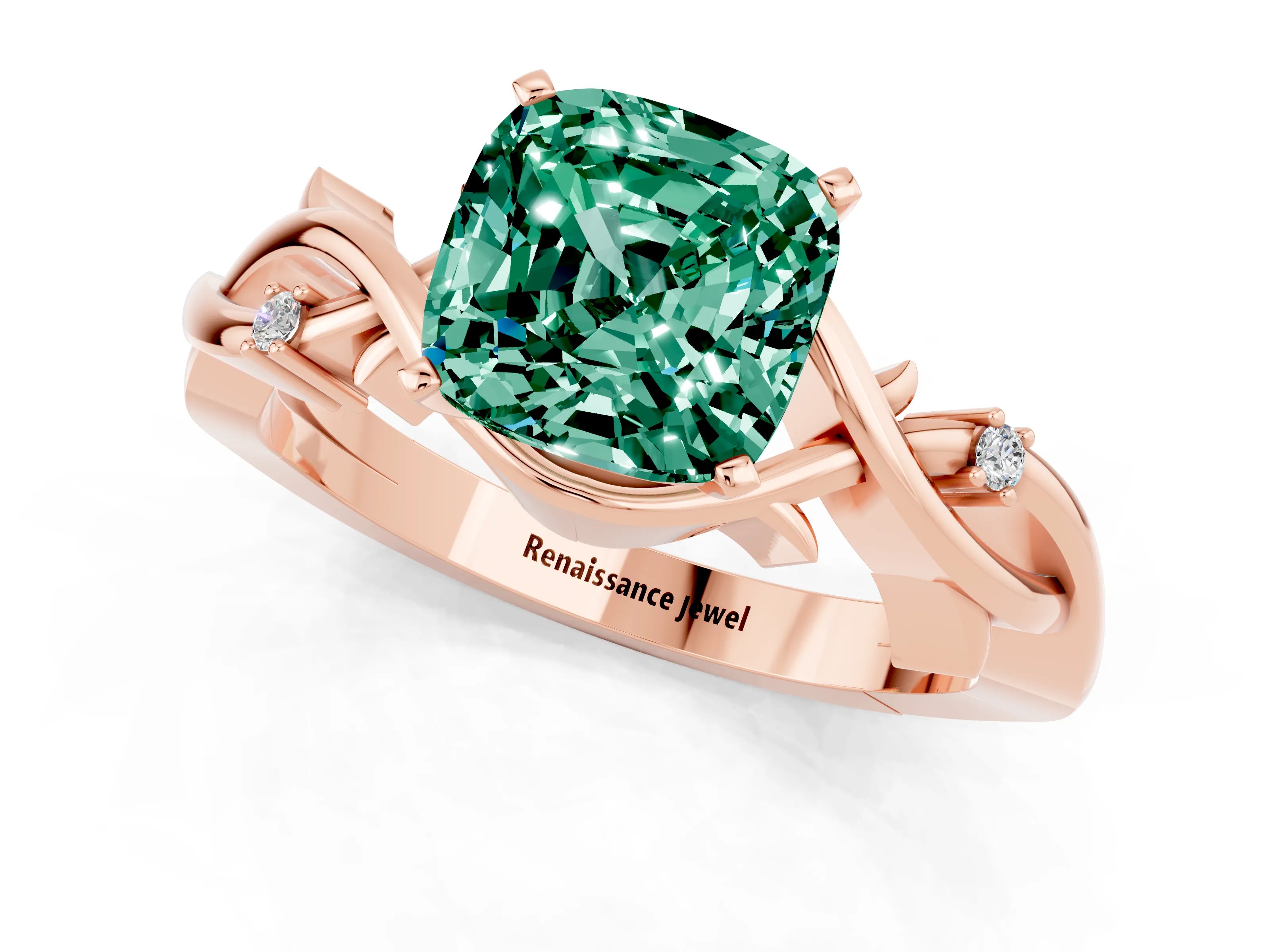 Rose gold Cushion Cut Green Sapphire Solitaire Ring with Twisted Band and Prong Setting_1