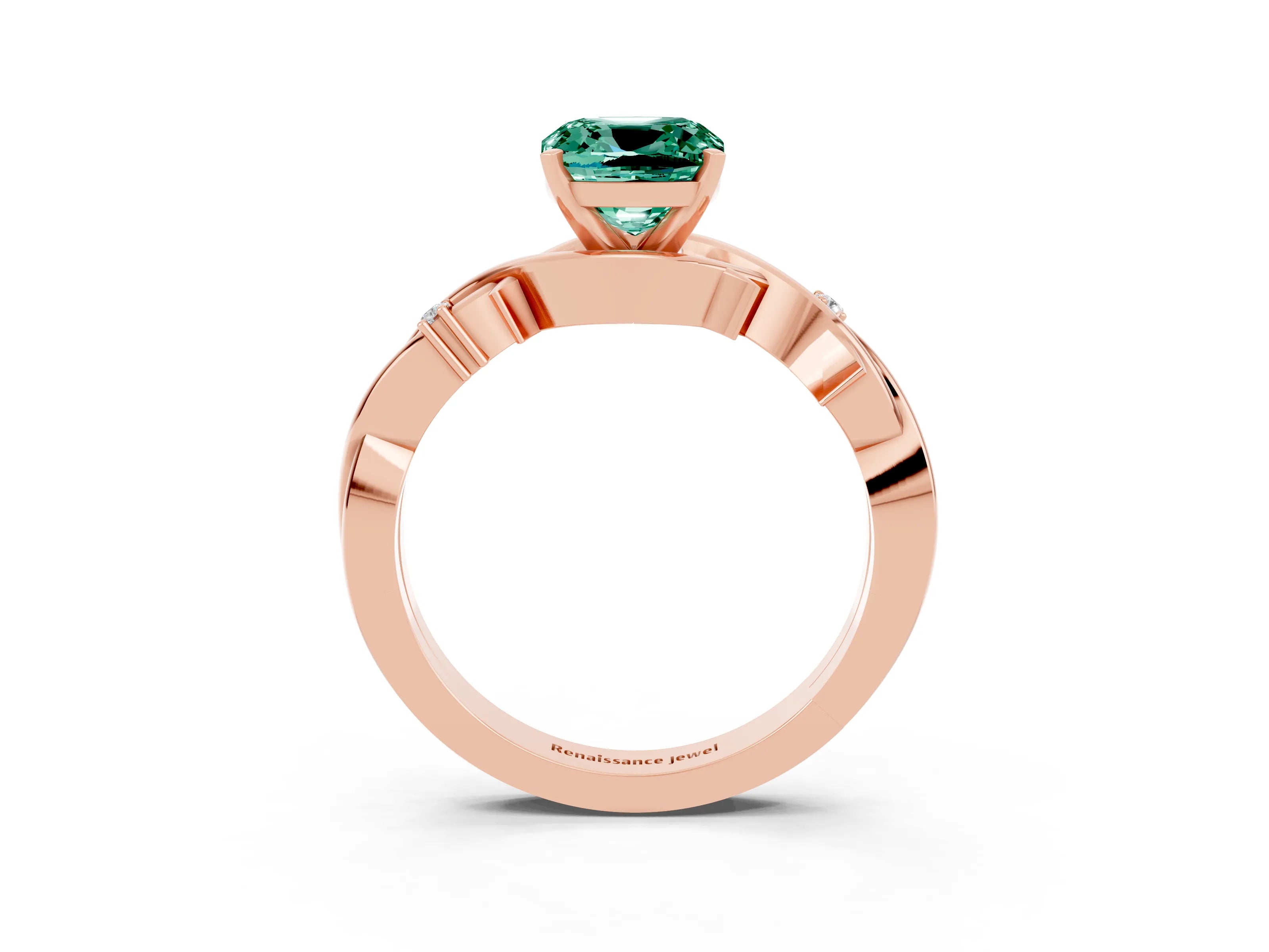 Rose gold Cushion Cut Green Sapphire Solitaire Ring with Twisted Band and Prong Setting_3