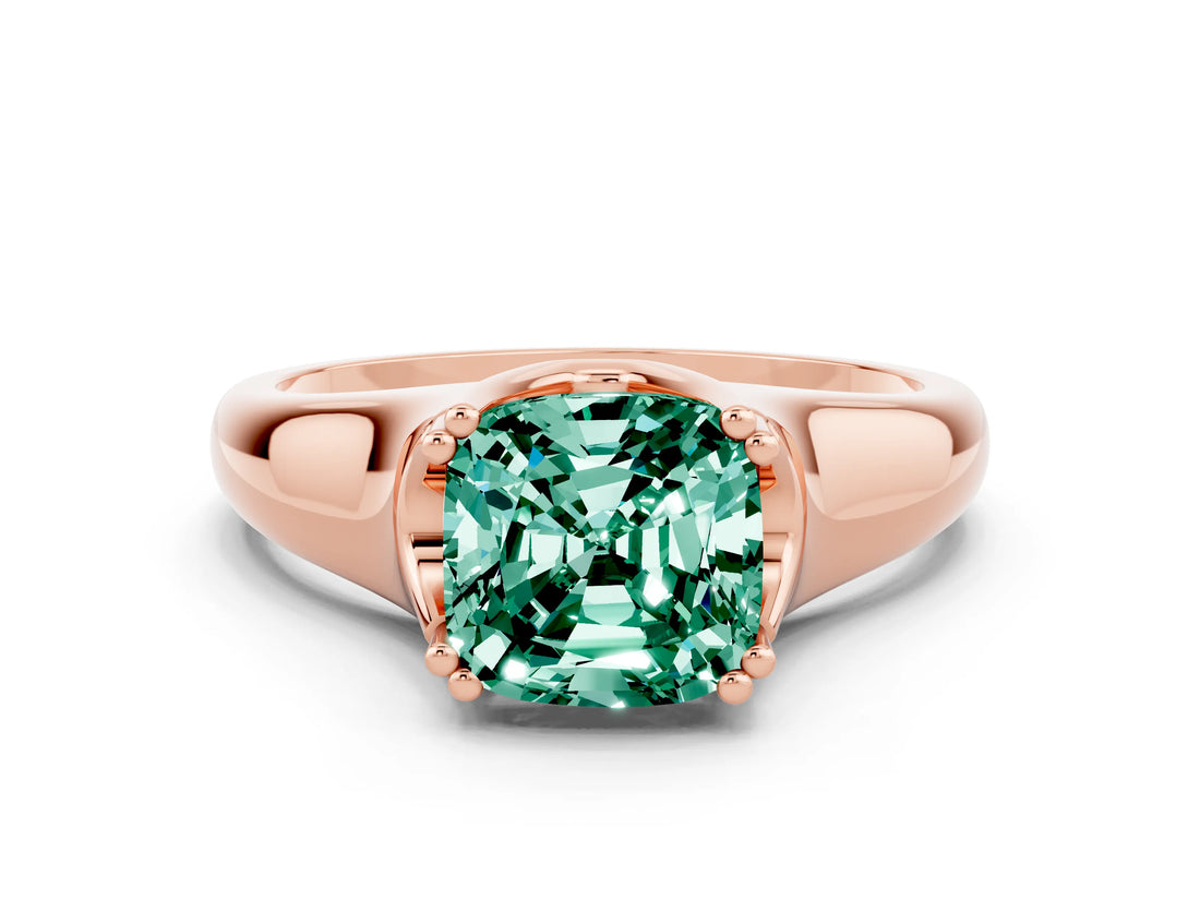 Rose gold Cushion Cut Green Sapphire Solitaire Ring with Wide Band and Prong Setting