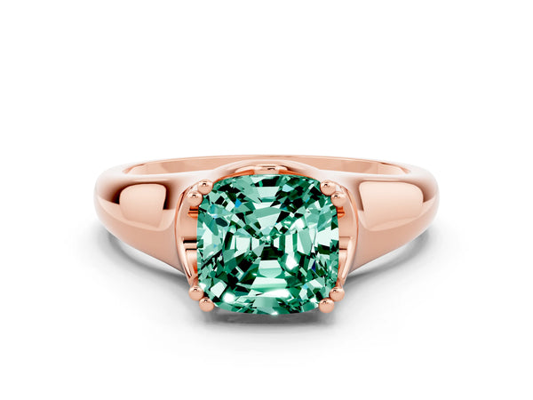 Rose gold Cushion Cut Green Sapphire Solitaire Ring with Wide Band and Prong Setting