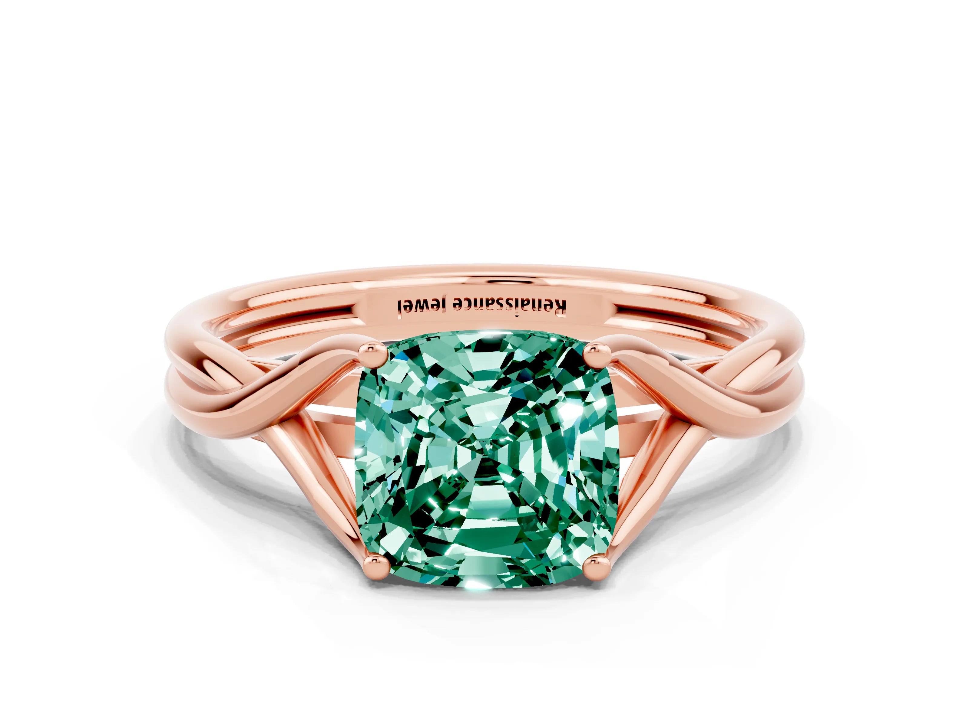 Rose gold Cushion Cut Green Sapphire Solitaire Twist Band Prong Setting Ring_109