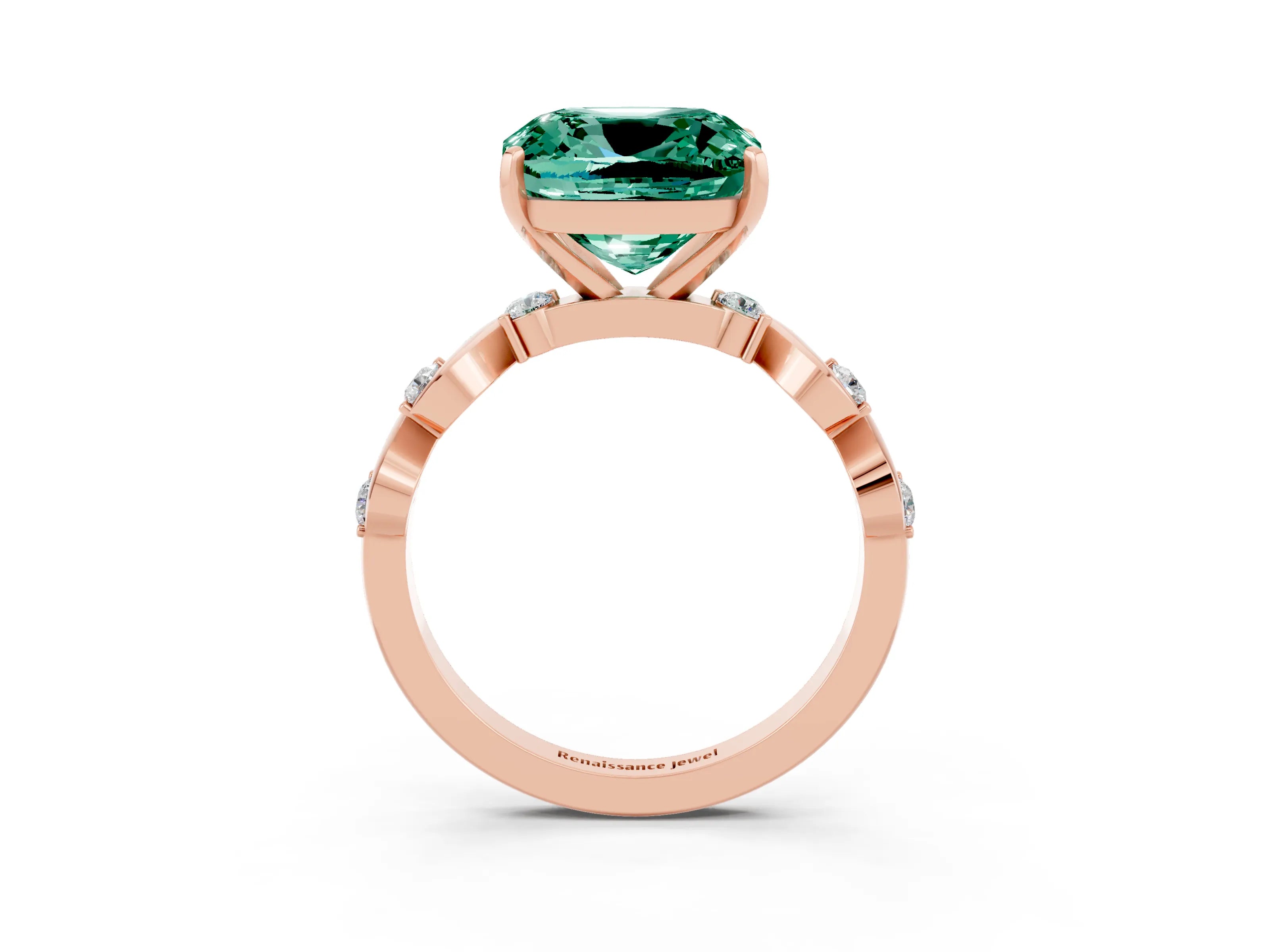 Rose gold Cushion Cut Green Sapphire Solitaire Twisted Band with Round  Accents and Prong Setting_15