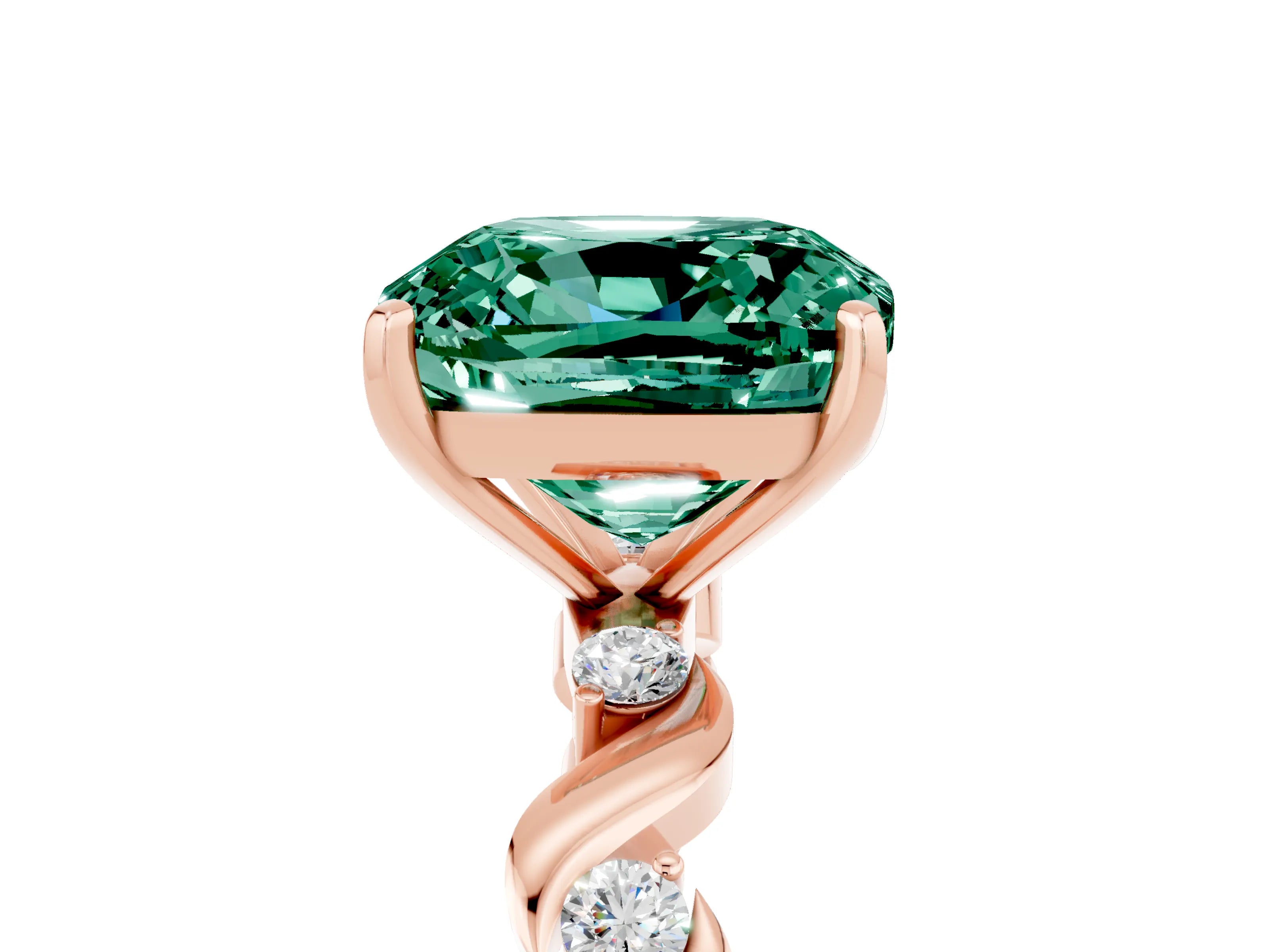 Rose gold Cushion Cut Green Sapphire Solitaire Twisted Band with Round  Accents and Prong Setting_17