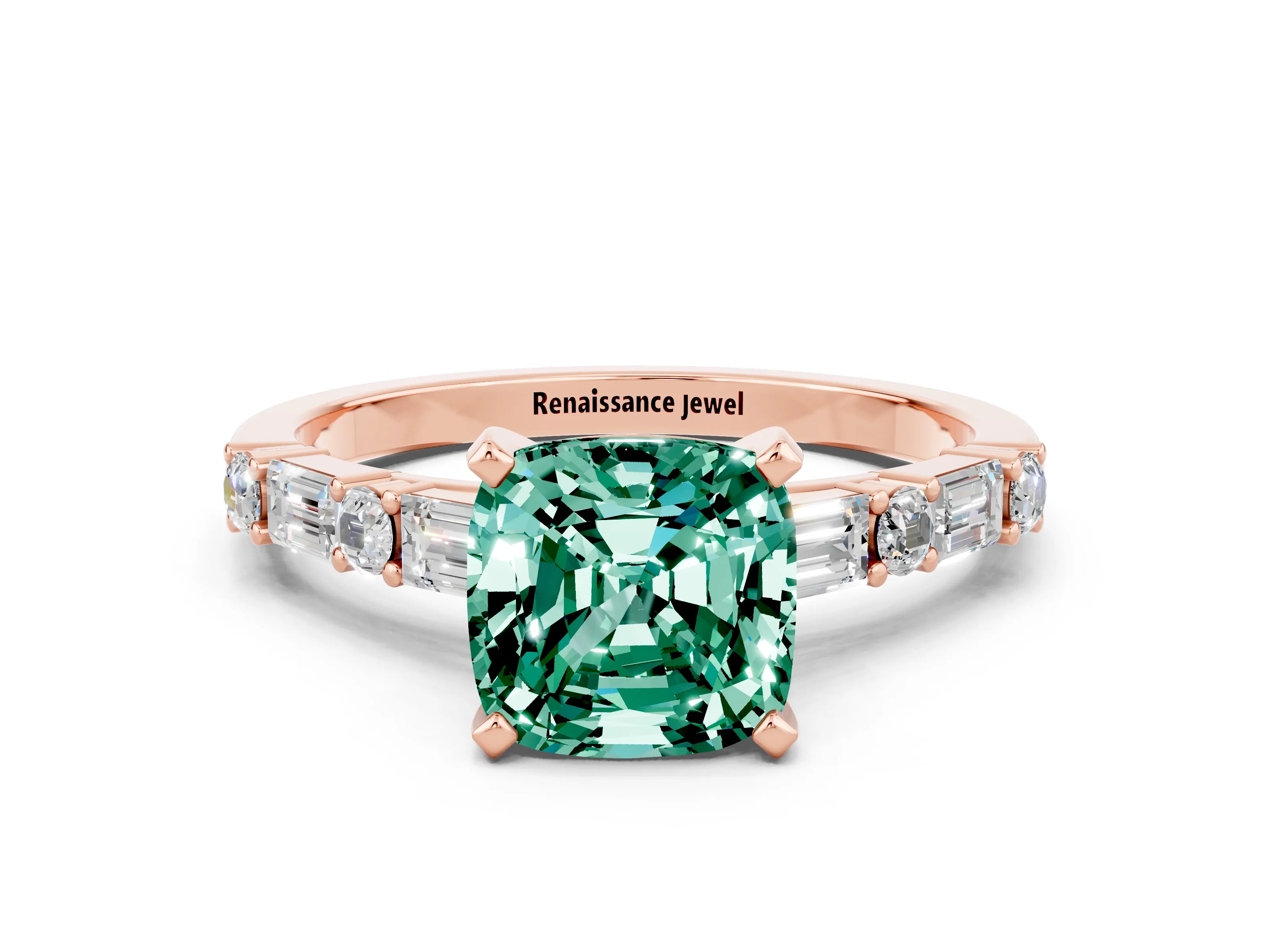 Rose gold Cushion Cut Green Sapphire Solitaire with Side Baguettes and Channel Set Band