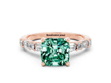 Rose gold Cushion Cut Green Sapphire Solitaire with Side Baguettes and Channel Set Band