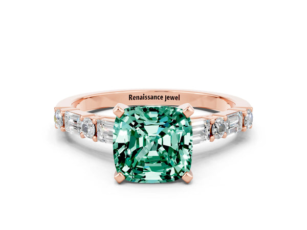 Rose gold Cushion Cut Green Sapphire Solitaire with Side Baguettes and Channel Set Band