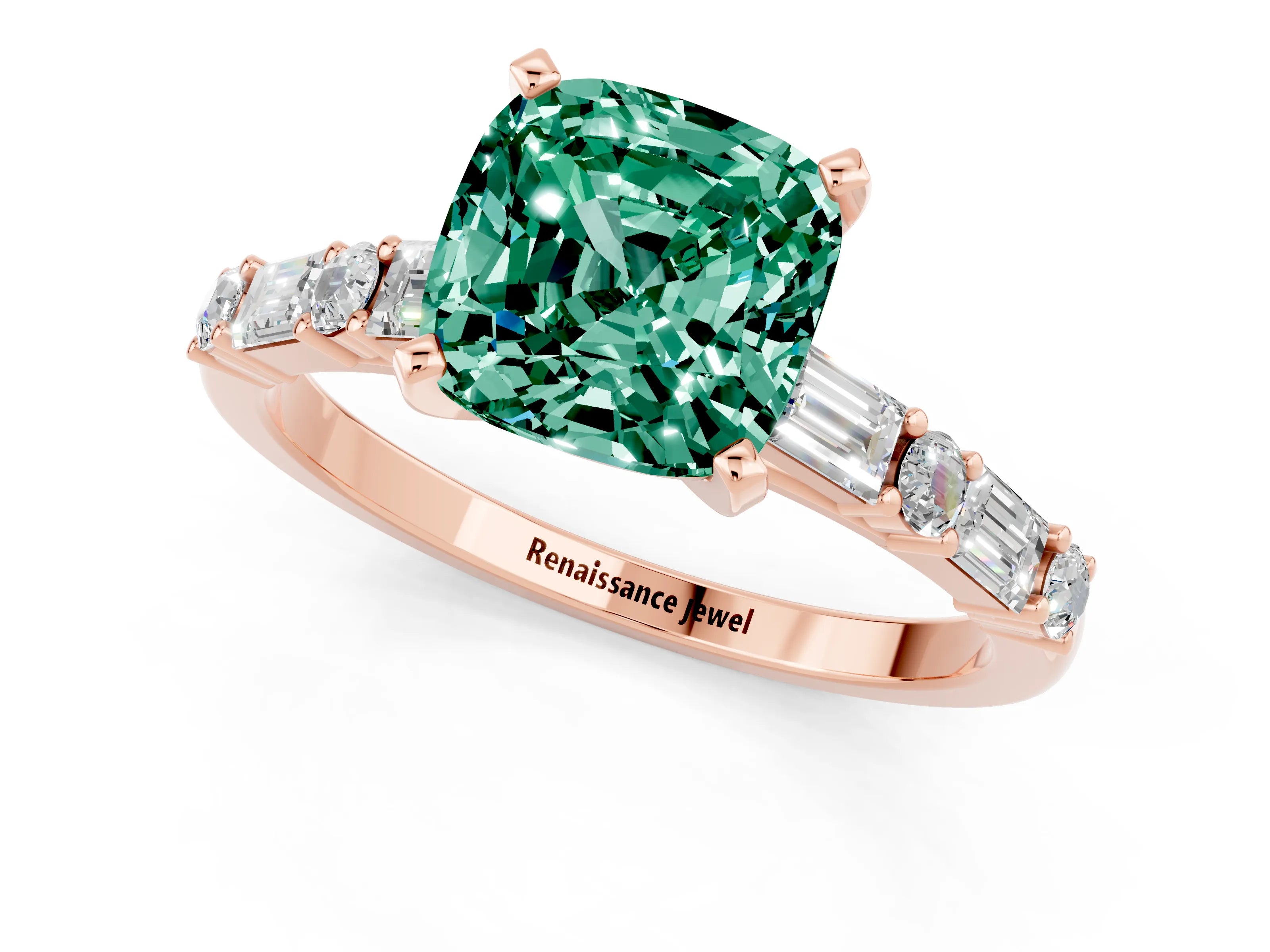 Rose gold Cushion Cut Green Sapphire Solitaire with Side Baguettes and Channel Set Band_1