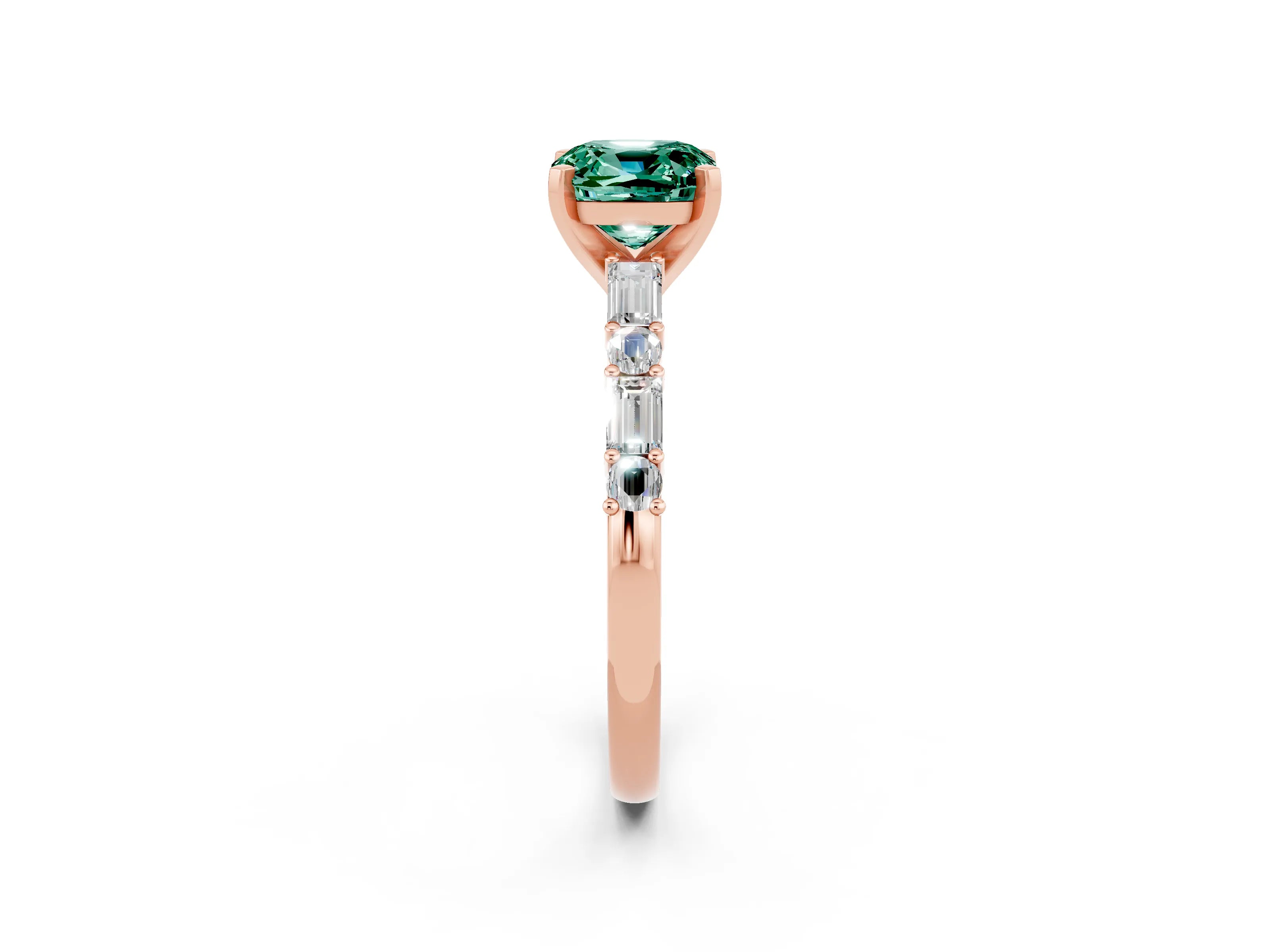 Rose gold Cushion Cut Green Sapphire Solitaire with Side Baguettes and Channel Set Band_2