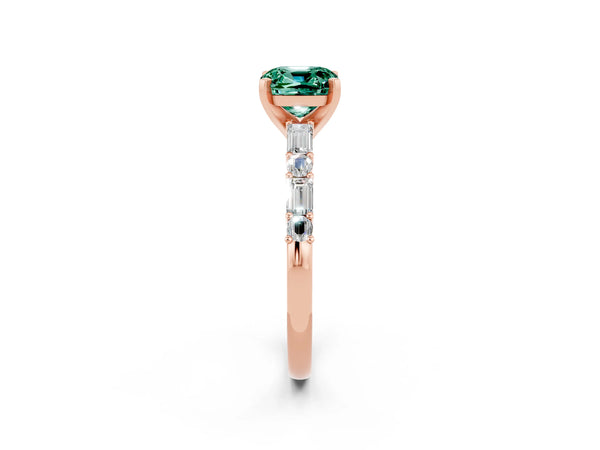 Rose gold Cushion Cut Green Sapphire Solitaire with Side Baguettes and Channel Set Band