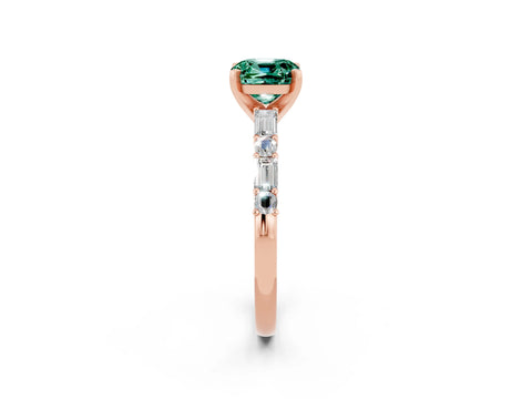 Rose gold Cushion Cut Green Sapphire Solitaire with Side Baguettes and Channel Set Band_2