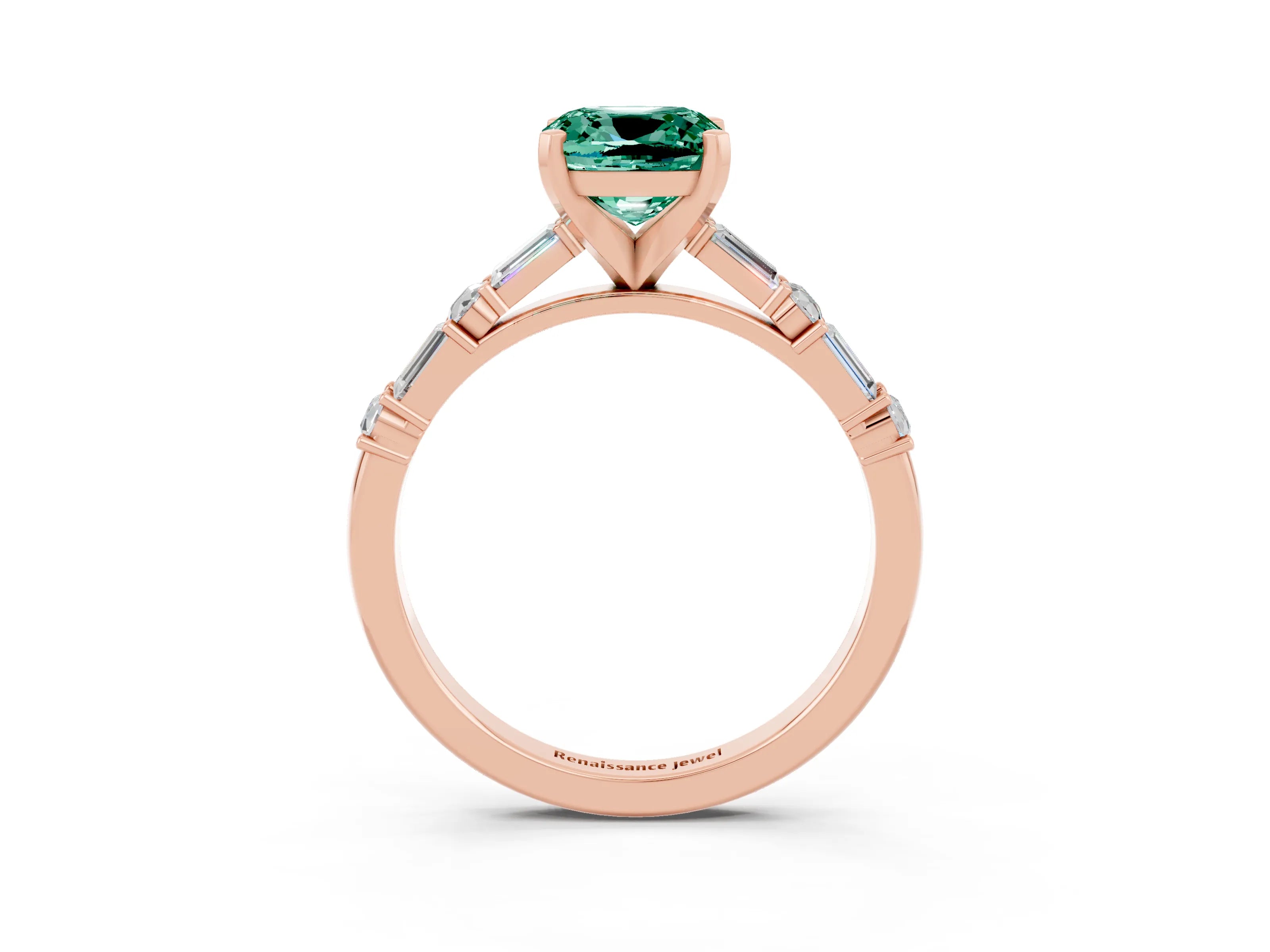 Rose gold Cushion Cut Green Sapphire Solitaire with Side Baguettes and Channel Set Band_3