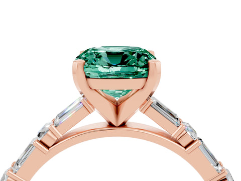 Rose gold Cushion Cut Green Sapphire Solitaire with Side Baguettes and Channel Set Band_4