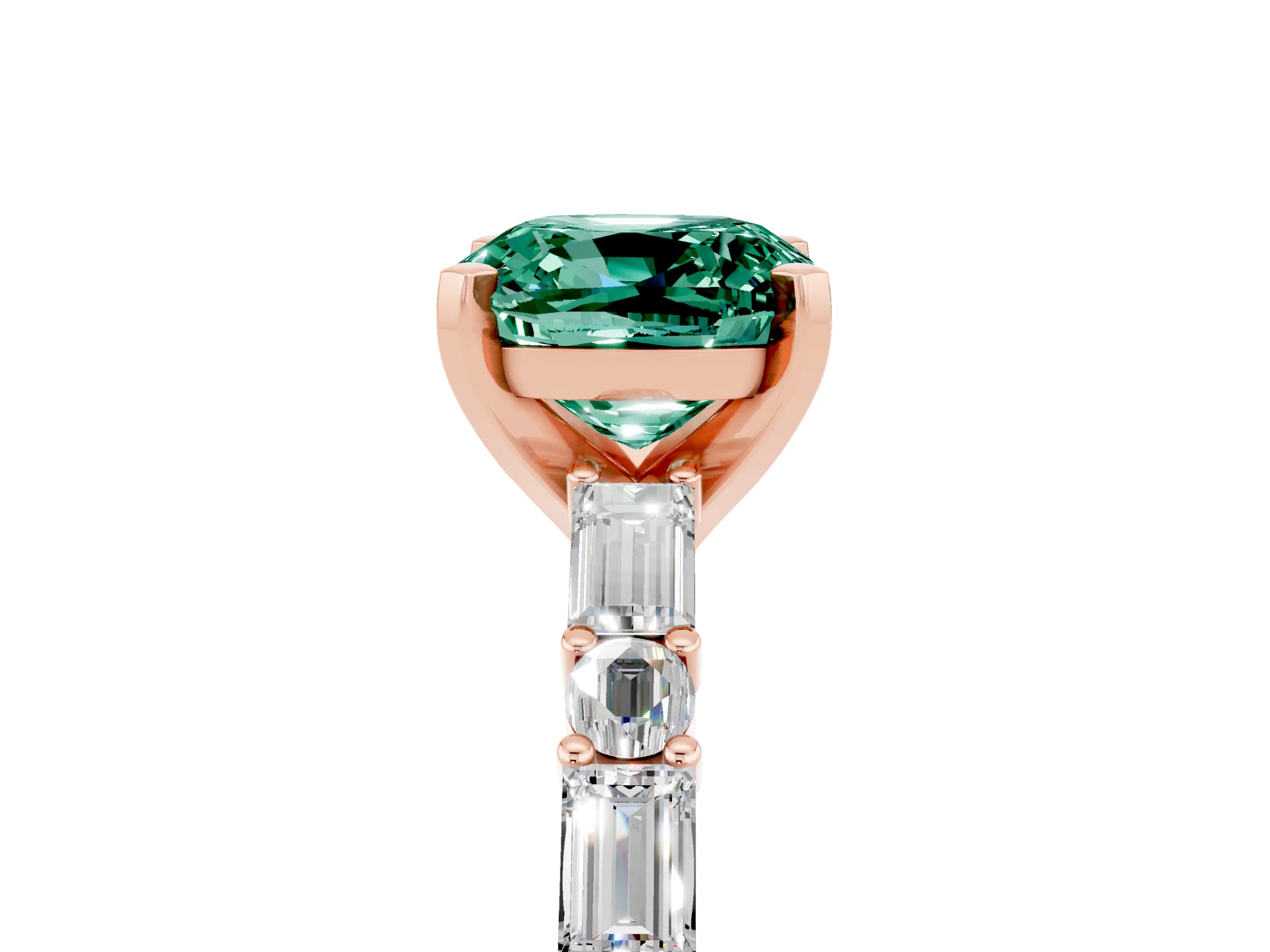 Rose gold Cushion Cut Green Sapphire Solitaire with Side Baguettes and Channel Set Band_5