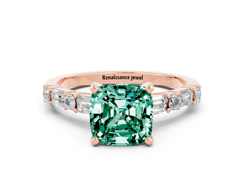 Rose gold Cushion Cut Green Sapphire Solitaire with Side Baguettes and Channel Set Band
