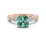 Rose gold Cushion Cut Green Sapphire Solitaire with Side Stones, Pave Band, Four-Prong Setting_36