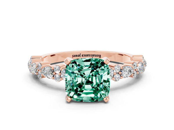 Rose gold Cushion Cut Green Sapphire Side Stone Solitaire Ring with Round  and Four-Prong Setting
