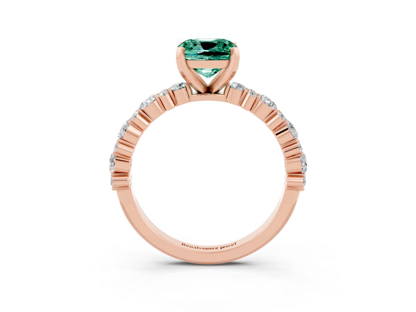 Rose gold Cushion Cut Green Sapphire Side Stone Solitaire Ring with Round  and Four-Prong Setting