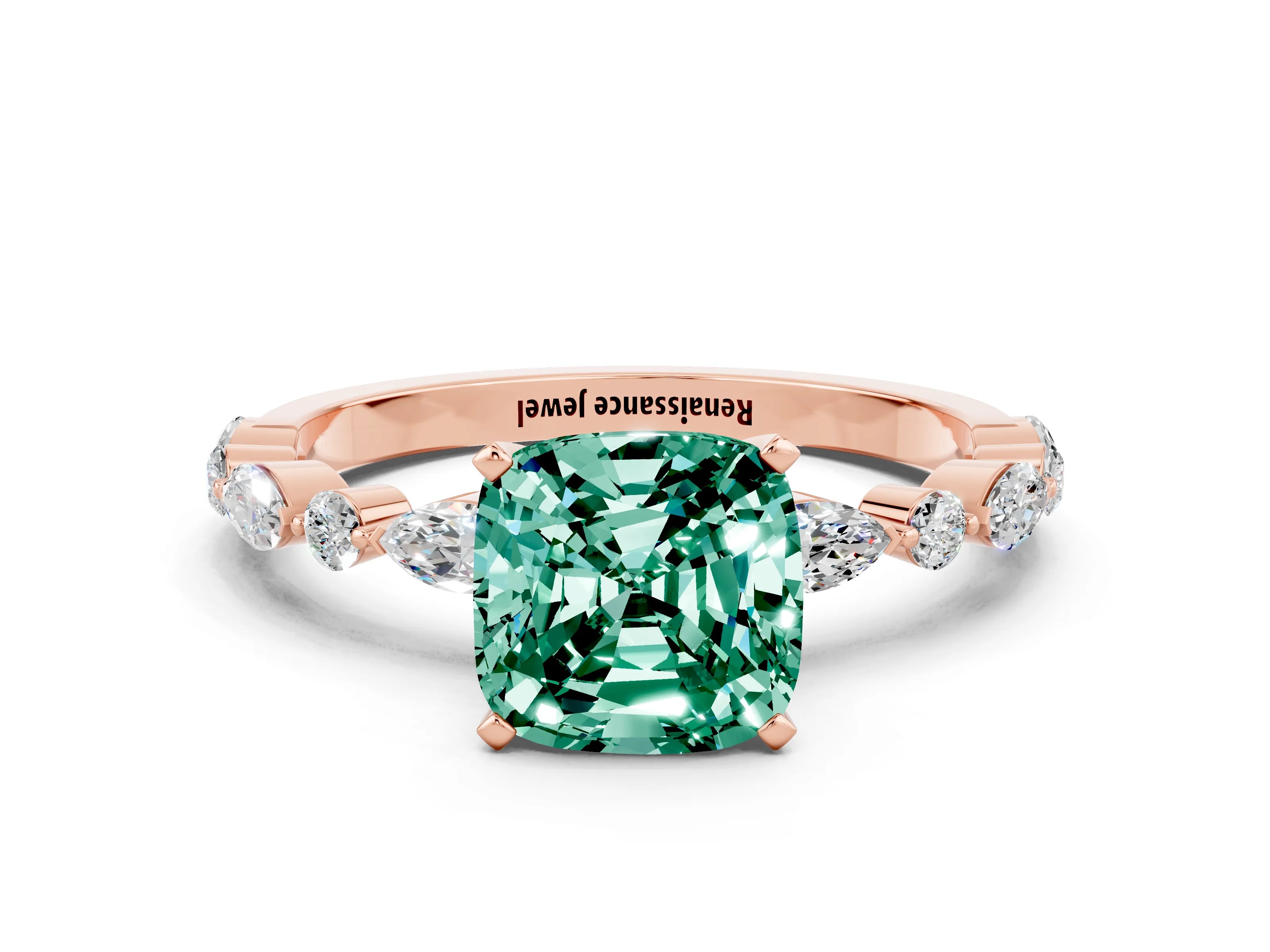 Rose gold Cushion Cut Green Sapphire Solitaire with Side Stones on a Pavé Band and Four-Prong Setting