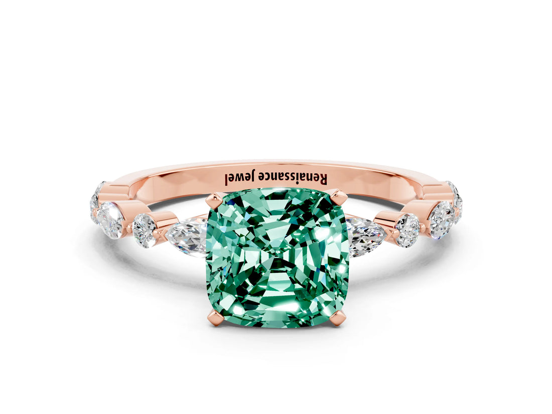 Rose gold Cushion Cut Green Sapphire Solitaire with Side Stones on a Pavé Band and Four-Prong Setting