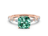 Rose gold Cushion Cut Green Sapphire Solitaire with Side Stones on a Pavé Band and Four-Prong Setting