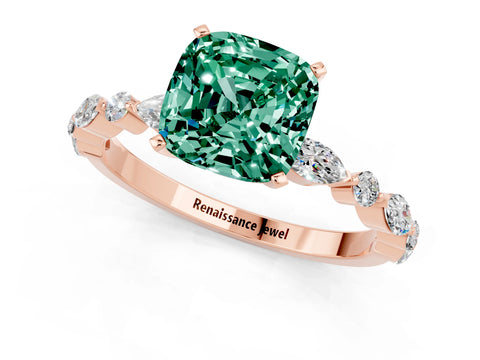 Rose gold Cushion Cut Green Sapphire Solitaire with Side Stones on a Pavé Band and Four-Prong Setting_1