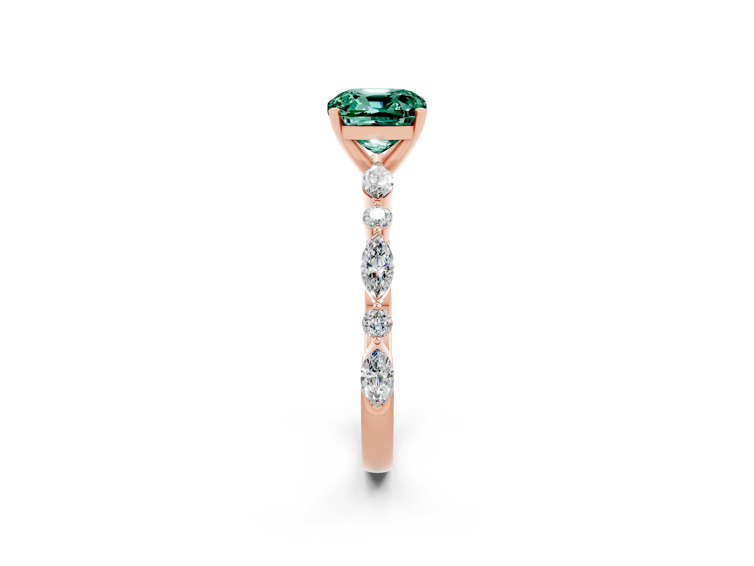 Rose gold Cushion Cut Green Sapphire Solitaire with Side Stones on a Pavé Band and Four-Prong Setting_2