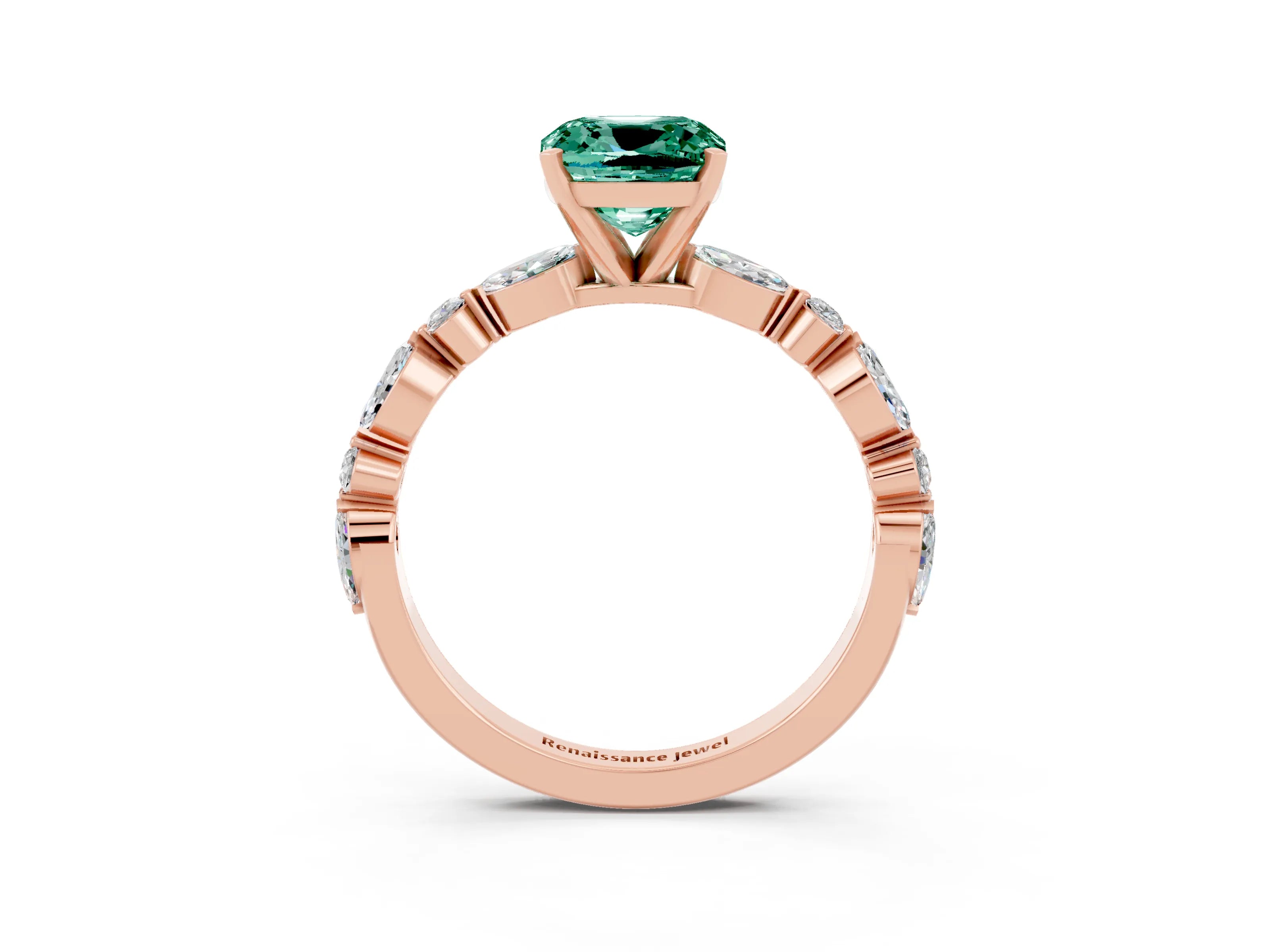Rose gold Cushion Cut Green Sapphire Solitaire with Side Stones on a Pavé Band and Four-Prong Setting_3