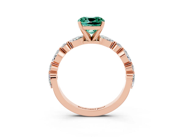 Rose gold Cushion Cut Green Sapphire Ring with Marquise and Round  Side Stones and Four-Prong Setting