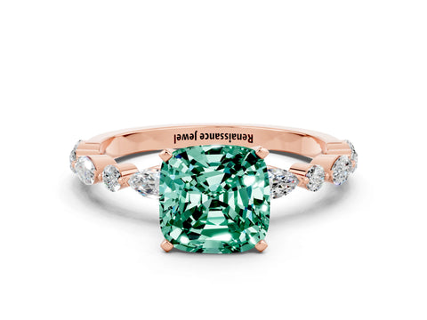 Rose gold Cushion Cut Green Sapphire Solitaire with Side Stones on a Pavé Band and Four-Prong Setting