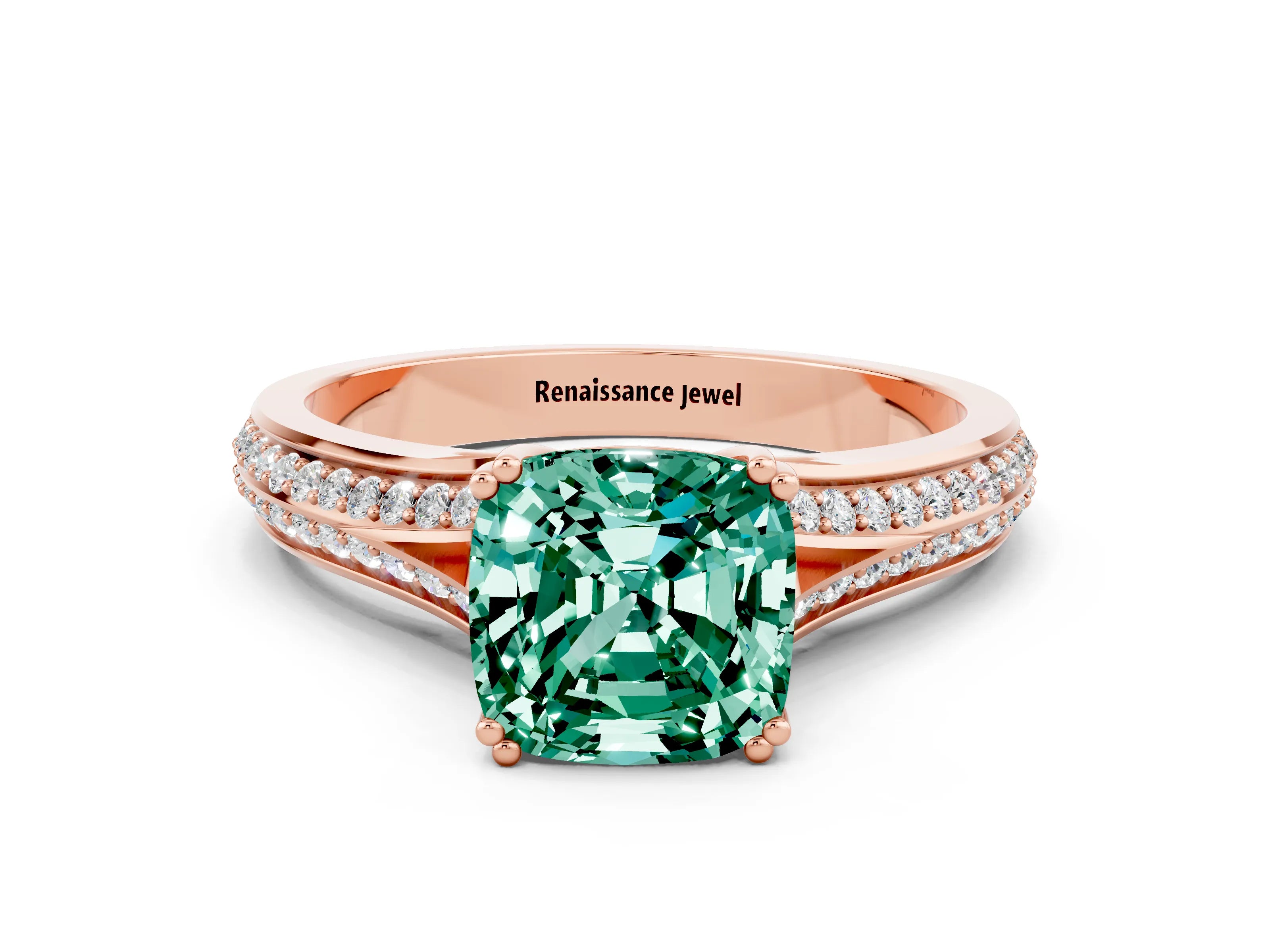 Rose gold Cushion Cut Green Sapphire Split Shank Engagement Ring with Pavé Band