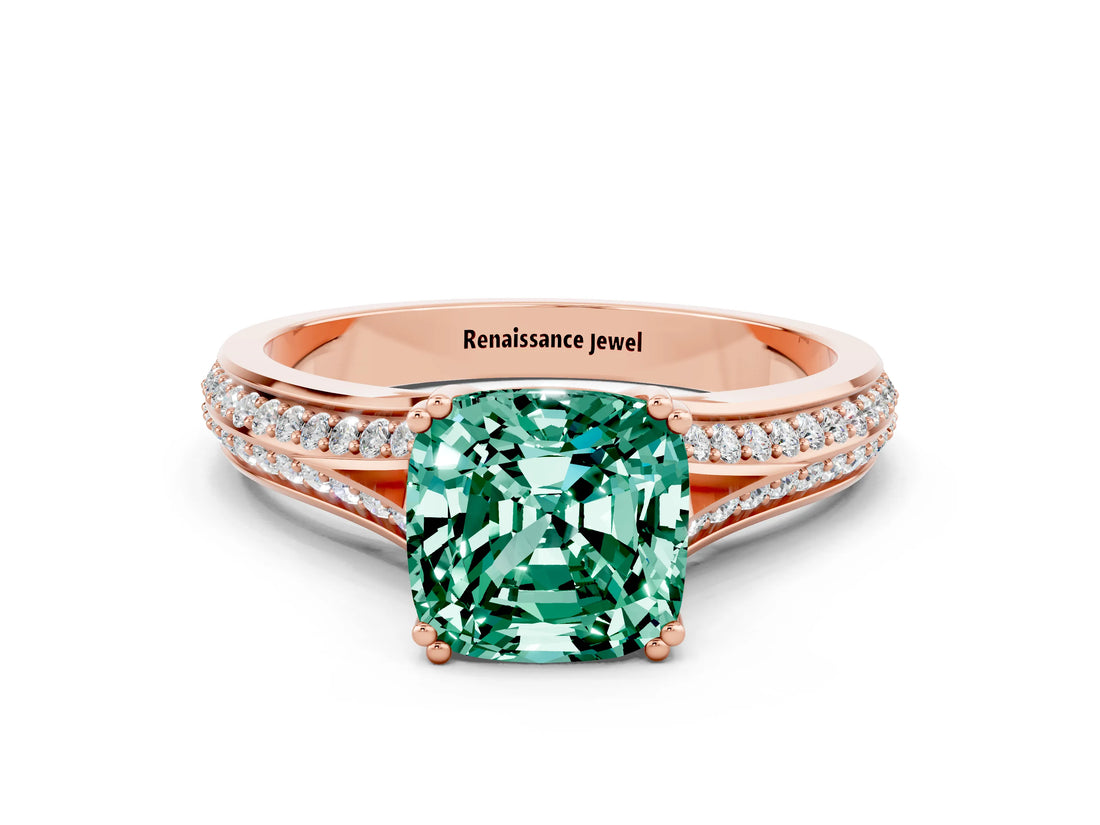 Rose gold Cushion Cut Green Sapphire Split Shank Engagement Ring with Pavé Band