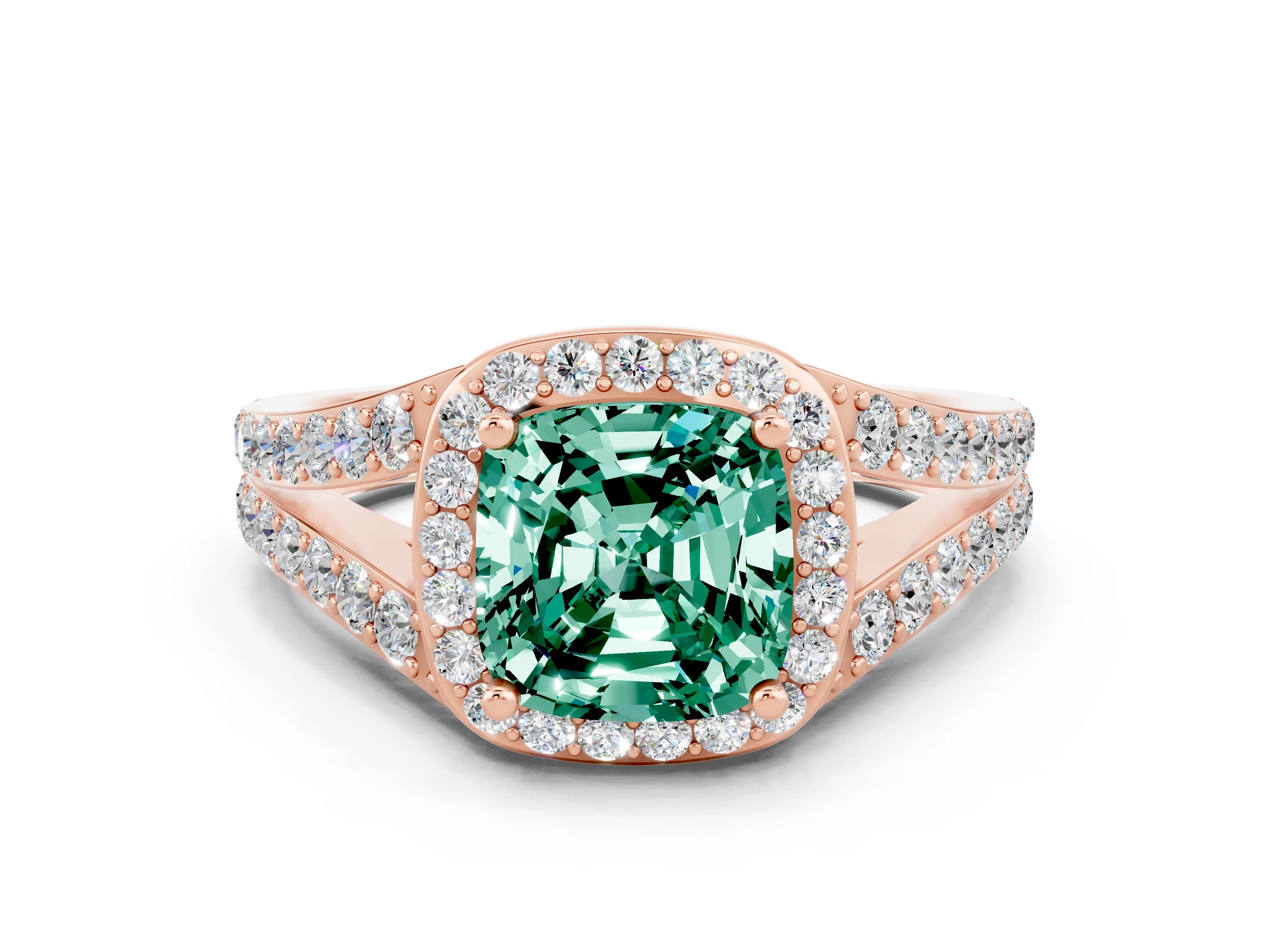 Rose gold Cushion Cut Green Sapphire Split Shank Halo Ring with Four-Prong Setting_12