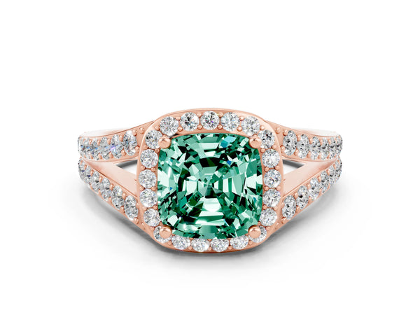 Rose gold Cushion Cut Green Sapphire Split Shank Halo Ring with Four-Prong Setting