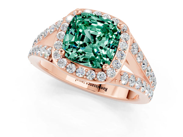 Rose gold Cushion Cut Green Sapphire Split Shank Halo Ring with Four-Prong Setting