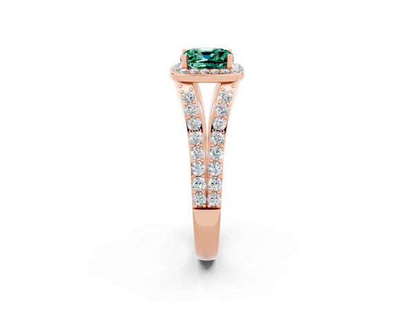 Rose gold Cushion Cut Green Sapphire Split Shank Halo Ring with Four-Prong Setting