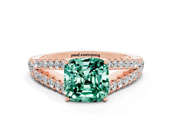 Rose gold Cushion Cut Green Sapphire Split Shank Pavé Engagement Ring with Four-Prong Setting