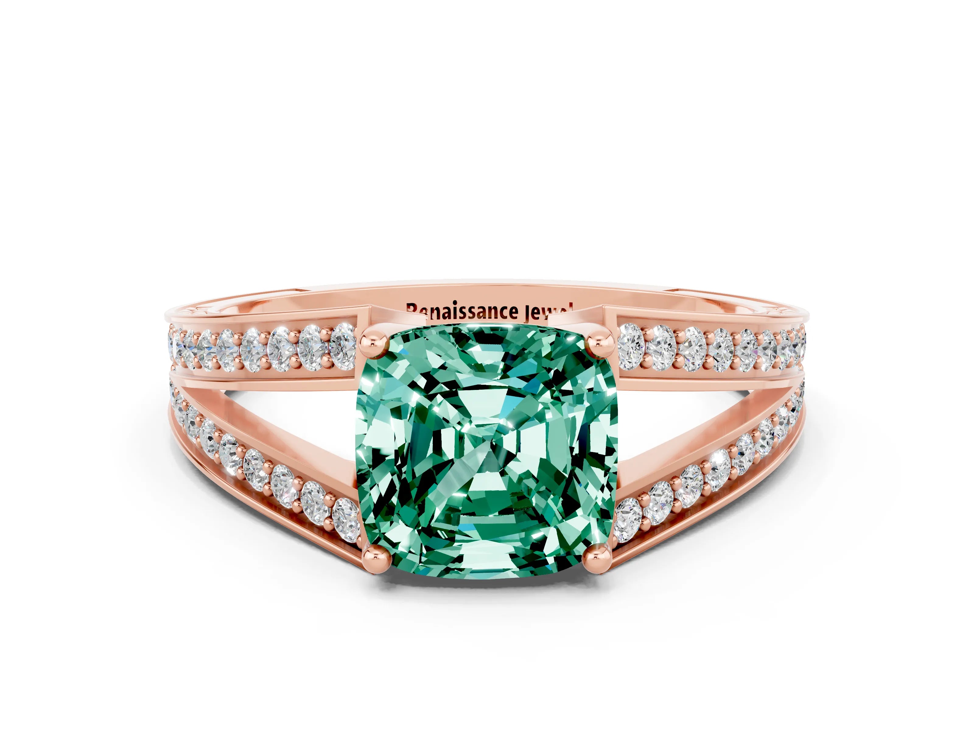 Rose gold Cushion Cut Green Sapphire Split Shank Ring with Pavé Band and Four-Prong Setting