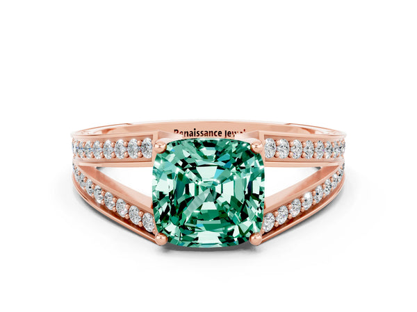 Rose gold Cushion Cut Green Sapphire Split Shank Ring with Pavé Band and Four-Prong Setting